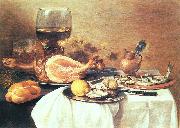 Pieter Claesz A ham a herring oysters a lemon bread onions grapes oil painting